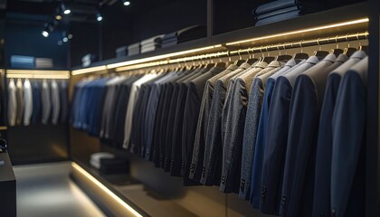 Fototapeta premium Jackets and shirts lined up on shelves in a well-lit Tongchang store
