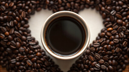 Fototapeta premium CoffeeArt cup of black coffee surrounded by coffee beans arranged in heart shape creating warm coffeeart scene