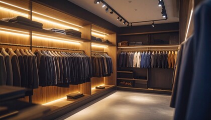 Fototapeta premium Jackets and shirts lined up on shelves in a well-lit Tongchang store
