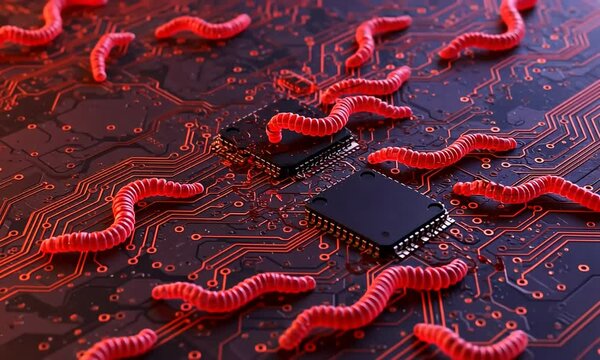 A digital depiction of worms infesting computer chips and circuit board, symbolizing cyber threats
