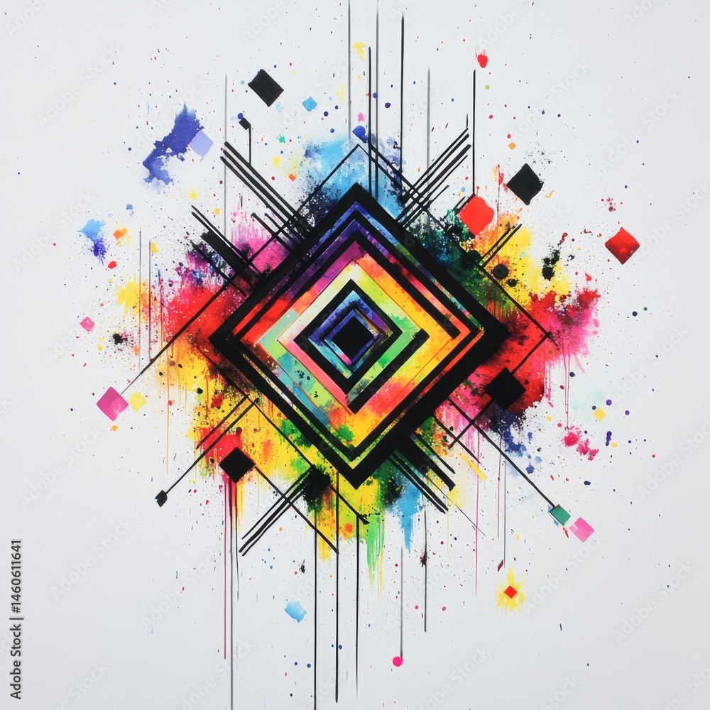 Poster abstract art with vibrant colors and geometric shapes. central diamond shape surrounded by splashes 