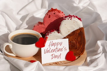 HAPPY VALENTINE'S DAY text message paper note card Morning breakfast celebration Delicious fresh...