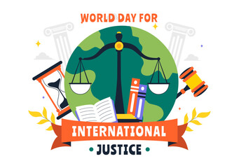 World Day for International Justice Vector Illustration on July 17 Featuring the Earth, Law Book, Scales of Justice, and Judge's Gavel in a Background