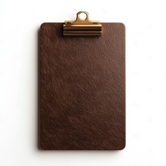 Brown Leather Clipboard with Gold Clip Isolated on White Background
