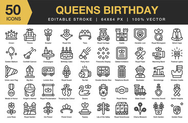Queens Birthday icon set. Editable Stroke Icon Collection. Includes birthday, royal, queen, celebration, crown, celebrate, and More. Outline icons vector collection.