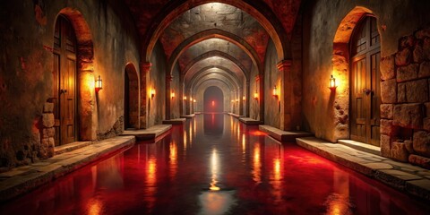 Obraz premium A long, dimly lit subterranean passage with crimson water reflecting the glow of antique sconces and aged wooden doors