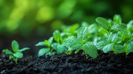Vibrant Green Mint Saplings Growing in Rich Soil