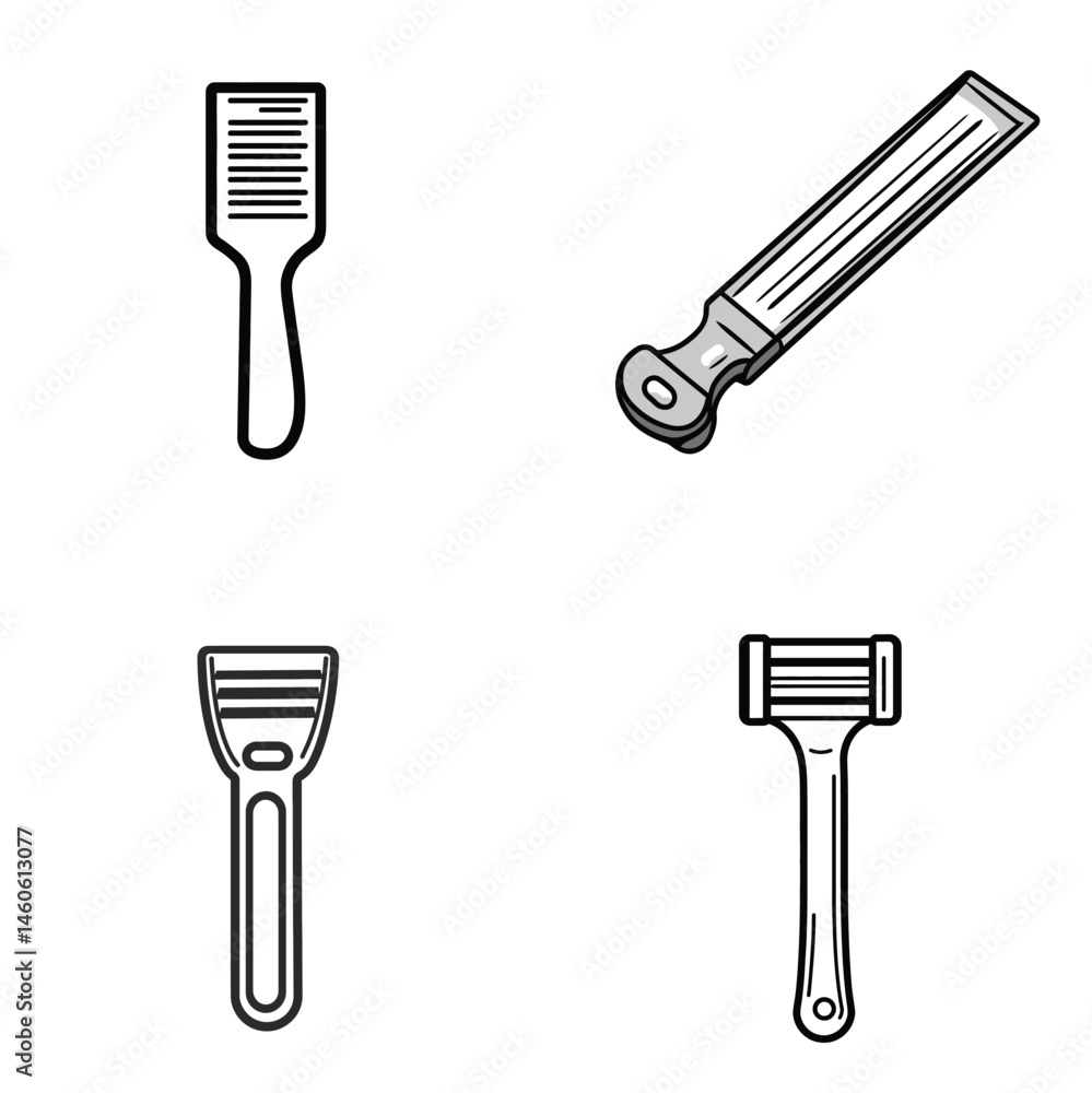 Aufkleber line art razor set with multiple blade designs on a transparent background