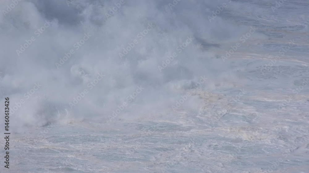 Poster white foamy ocean waves roll and crash on the shore, creating a mesmerizing display of nature's raw 