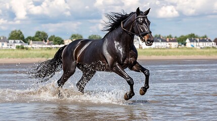 Black stallion galloping along luxury resort beach splashing water cinematic wild beauty