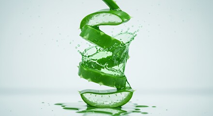 Vibrant Green Aloe Vera Slices Spiraling Downward with Emerald Liquid Splash Isolated on White Background for Natural Skincare and Wellness Concept