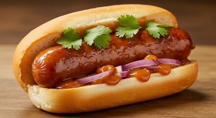 Hot Dog with Sausage Onions Cilantro and Sauce