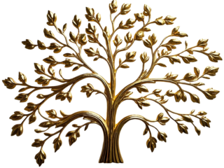 Golden metallic tree of life, intricate branch design, symmetrical foliage pattern, wall art sculpture, bronze and gold tones,  PNG file isolated on transparent background,
