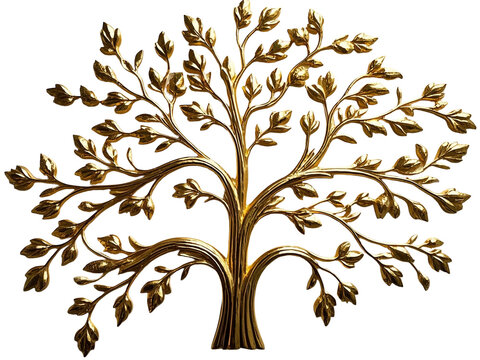 Golden metallic tree of life, intricate branch design, symmetrical foliage pattern, wall art sculpture, bronze and gold tones,  PNG file isolated on transparent background,
