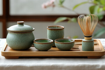 green ceramic bowls on a wooden tray with a whisk.