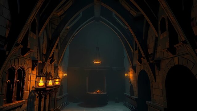 La iluminaci&oacute;n cinematogr&aacute;fica atmosf&eacute;rica resalta las sombr&iacute;as paredes de piedra, charcos y niebla, creando una atm&oacute;sfera espeluznante