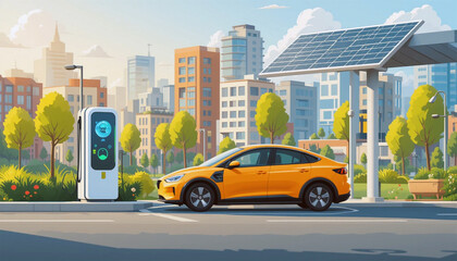 Flat illustration of an electric car charging at a solar-powered station, representing clean urban transportation solutions