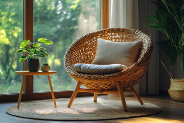 Rat chair with plant in corner.