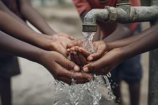 Children collecting clean water from a tap ensuring hydration and sanitation in their community