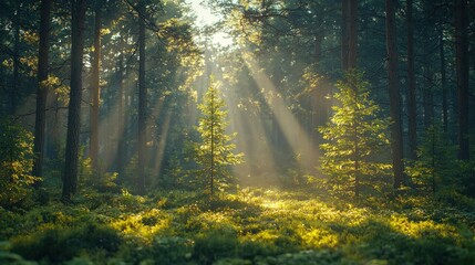 Obraz premium Sunbeams Illuminating a Mystical Forest