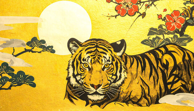 トラが描かれている金の和紙。寅年。年賀状素材。壁紙。金色の背景。Golden Japanese paper with a tiger on it. Year of the Tiger. New Year's card material. Wallpaper. Golden background.