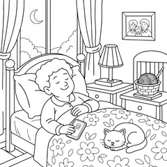 Grandma Sleeping Peacefully with Cat—Cozy Bedroom Night Scene Coloring Page