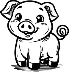 Cute Pig With coloring book pages picture,Pig line art,Pig outline drawing vector illustration,vector art