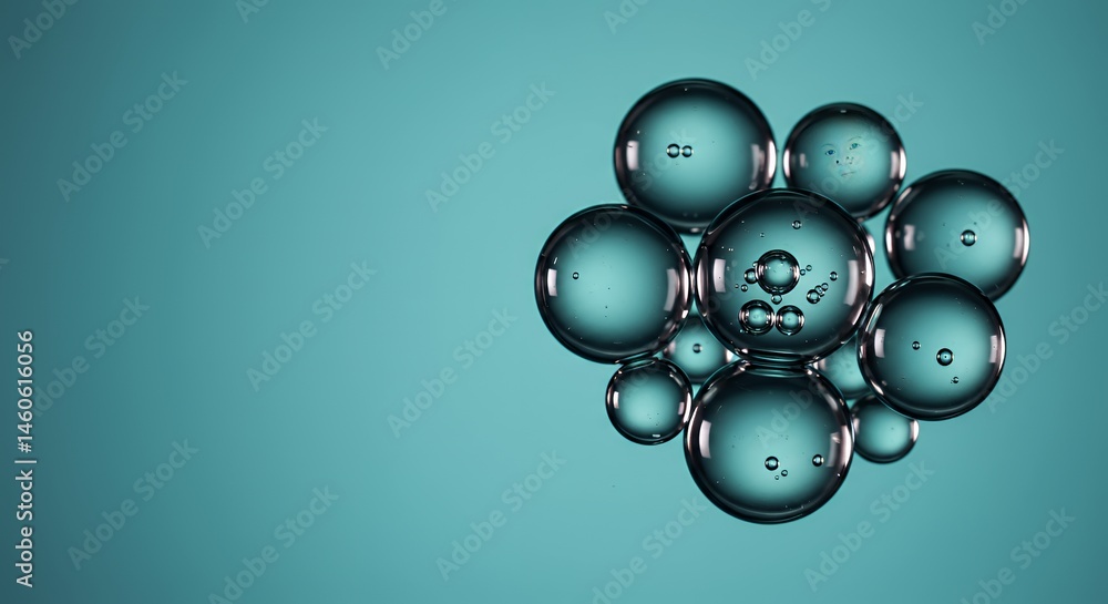 Poster cluster of transparent liquid spheres on soft gradient teal background with internal refractions in 