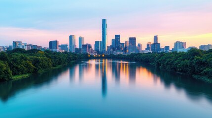 Obraz premium Stunning Skyline Reflection Over Tranquil River At Sunset Moment