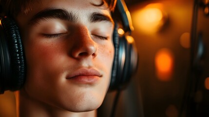 Musician's Face with Headphones: Close-up of a musician's face, wearing headphones, eyes closed, with a recording studio in the background. 
