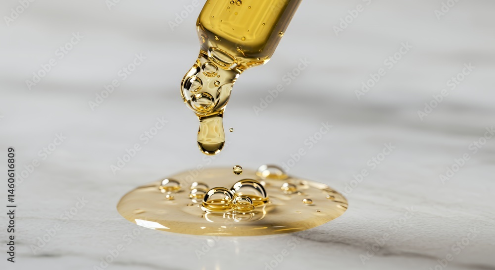 Poster extreme closeup of golden elixir dropping from glass dropper with shimmering bubbles onto pristine w