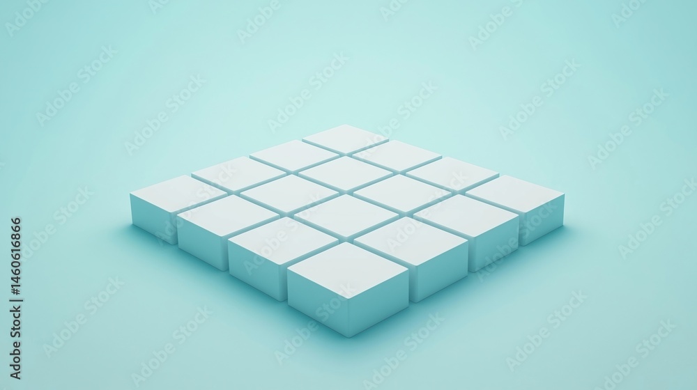 Poster minimalist 3d rendering of a grid of white cubes arranged on a light blue background.