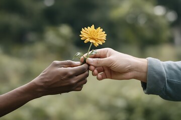 A tender gesture of giving a yellow flower outdoors, symbolizing kindness and nature's beauty.