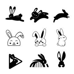 Various icons, logos, illustrations, silhouettes of rabbit characters, with transparent background
