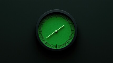 Minimalist green wall clock with white hands on a dark background, showing a clean and modern design.