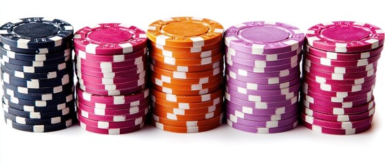 Stacks of colorful casino chips arranged in a row