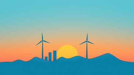 Obraz premium Minimalist illustration of wind turbines and buildings on hills with a sunrise or sunset in the background.