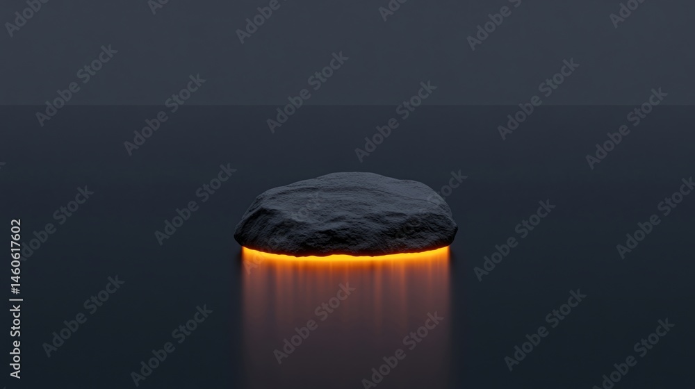 Poster a dark rock floats on calm water with a glowing orange light emanating from its base, creating a sur