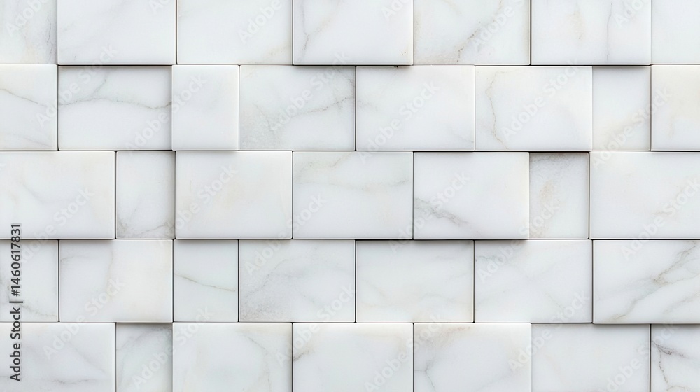 Poster white marble tiles arranged in a staggered brick pattern with subtle gray veining.