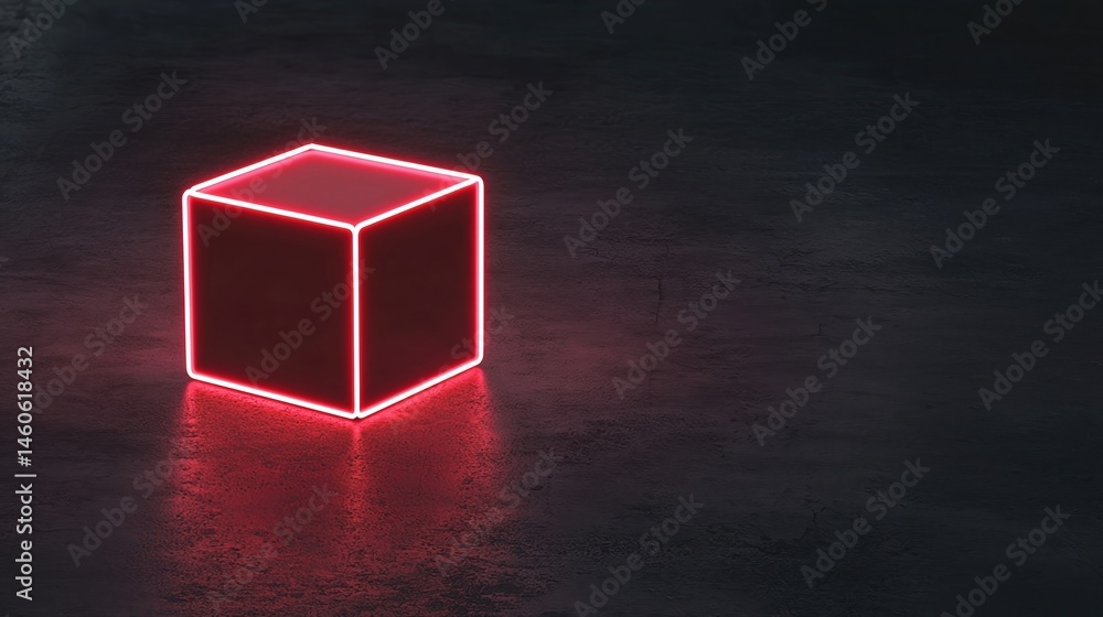 Poster a glowing red neon cube sits on a dark textured surface, casting a vibrant reflection and creating a