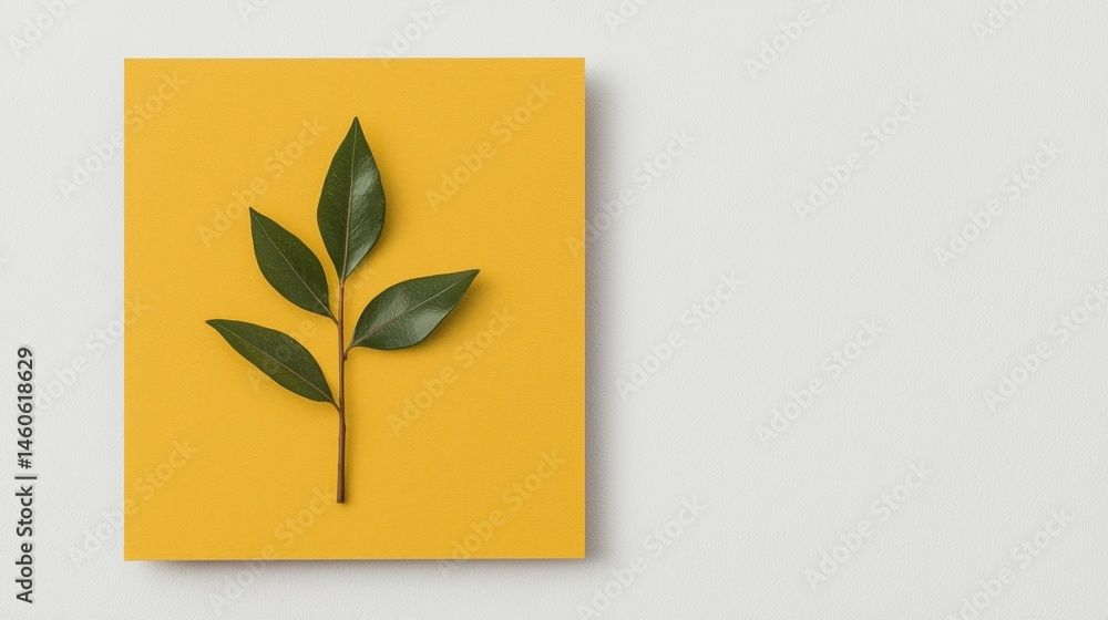 Poster a green leafy branch is placed on a yellow square background, creating a minimal and modern botanica
