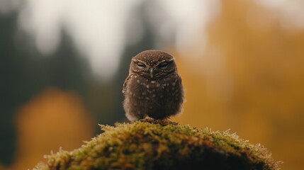 A small owl perched on moss with a blurred autumn forest background.