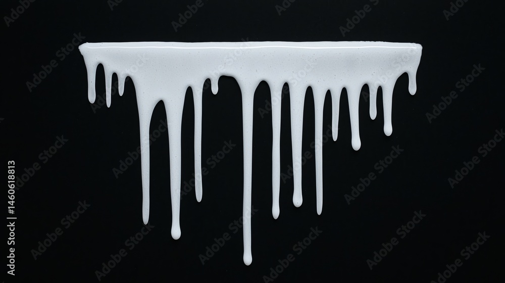 Poster white paint drips down against a black background, creating a striking contrast and abstract pattern