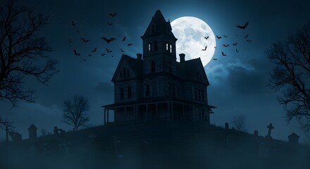 A spooky haunted house with bats flying in front of a full moon on a dark and eerie halloween night