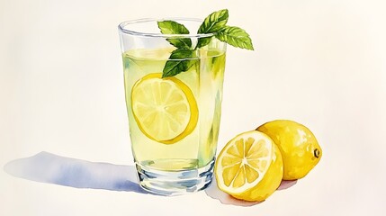 Fototapeta premium Watercolor illustration of lemonade in a glass.
