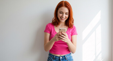 Red haired woman in pink shirt using smartphone against white wall with natural light smiling