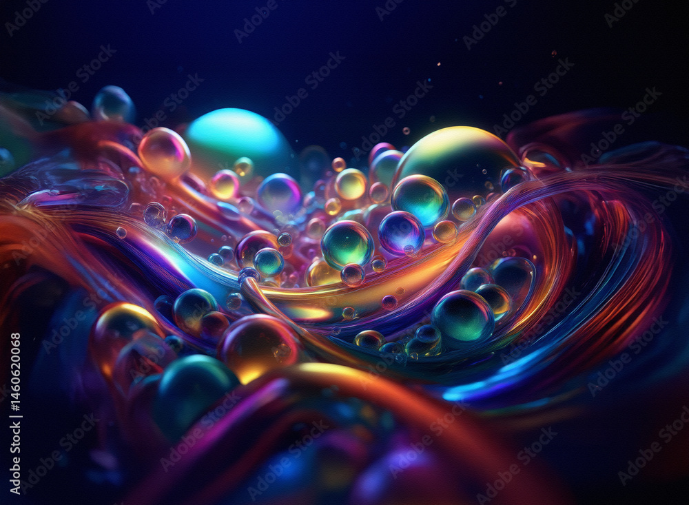 Poster vibrant abstract scene featuring numerous iridescent spheres floating within dynamic waves of colorf