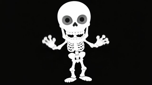 A friendly, wide-eyed cartoon skeleton stands with raised hands and a cheerful grin against a stark black background, perfect for Halloween