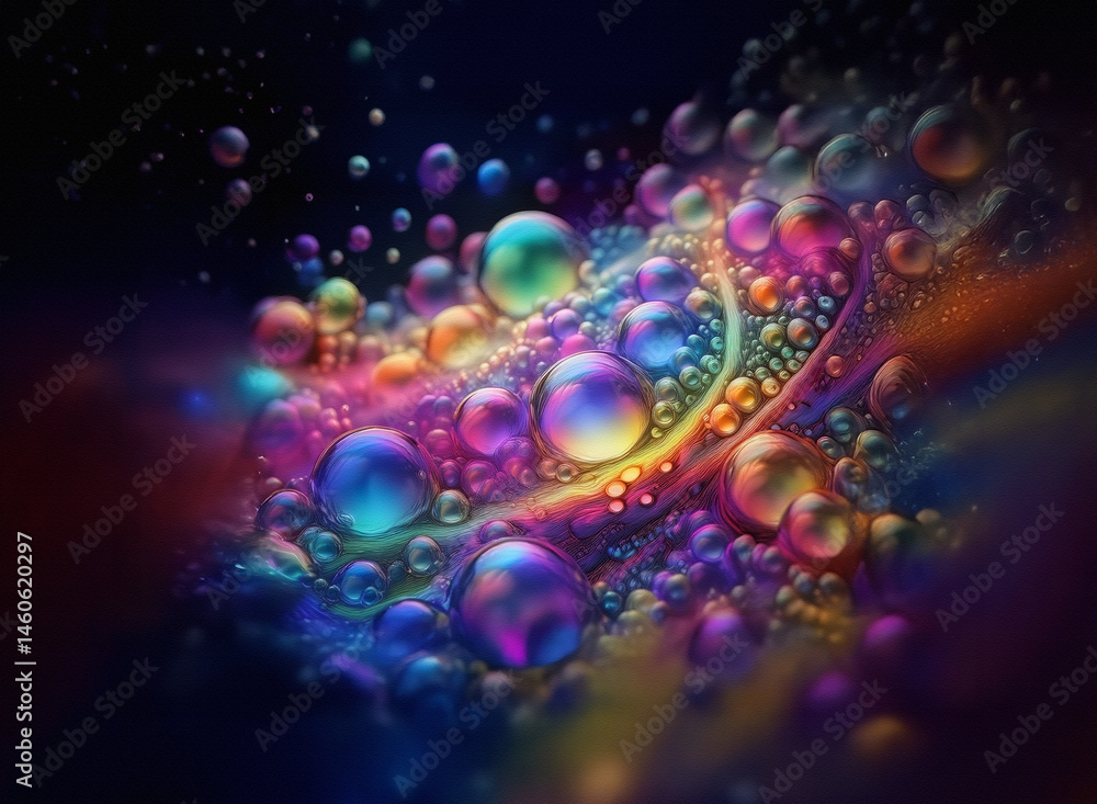 Poster a vibrant cluster of iridescent bubbles floats against a dark, swirling background, showcasing a daz