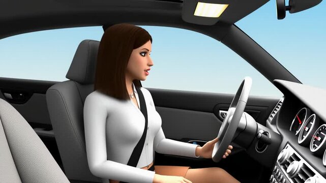 3D rendered woman with brown hair confidently driving a car, wearing her seatbelt, representing modern transportation, independence, or a scene from an animation or simulation.
